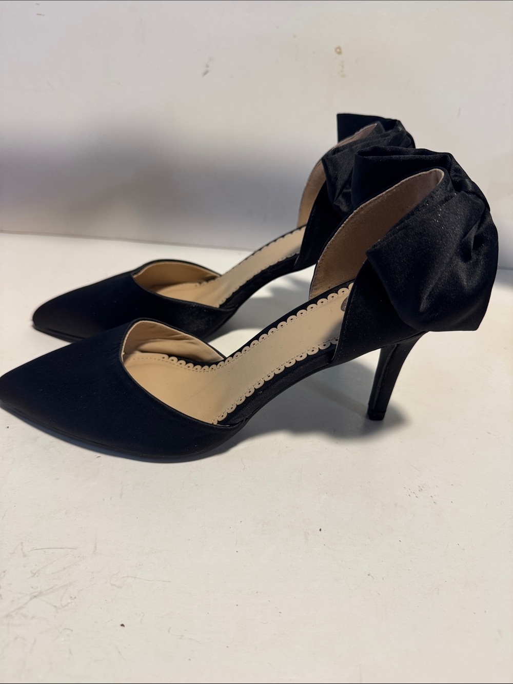 Pointed Black Satin Heels with Ankle Bow - Picture 2 of 5